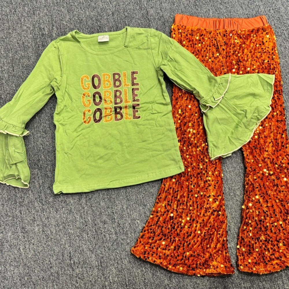 Kids Gobble Gobble Green and orange sequinflair leg Set size 3T new